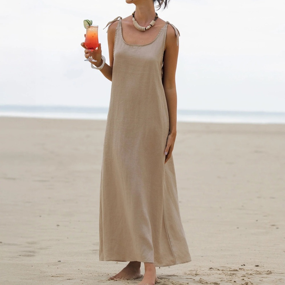 LINTICO  100% Linen Camisole Dress Maxi QEARL Large Beach Boho Lagenlook Beige
